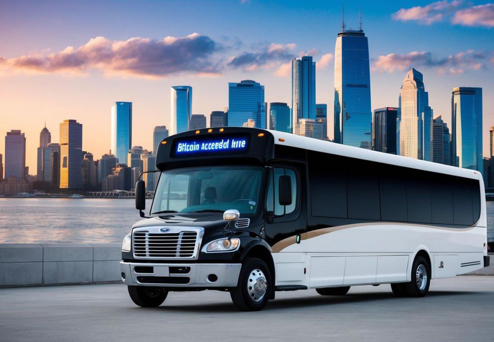 A modern charter bus parked in front of a bustling city skyline, with a digital sign displaying "Bitcoin Accepted Here" on the side