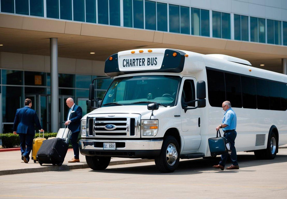 A charter bus parked outside a convention center in Dallas, with passengers boarding and unloading luggage