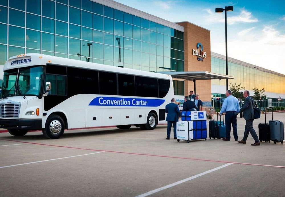 A charter bus parked outside a convention center in Dallas, with people loading luggage and event materials